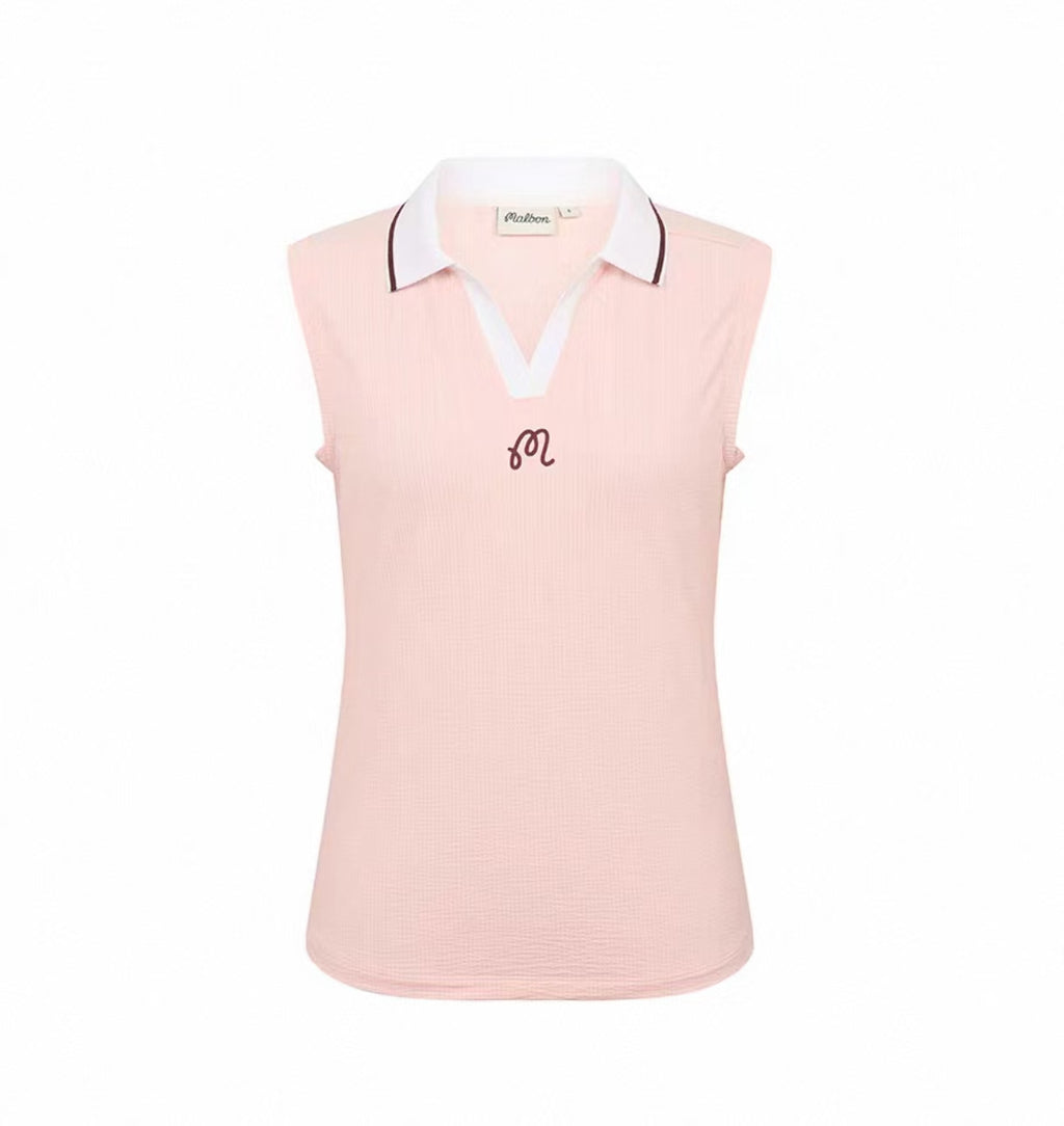Malbon women's Slim Fit Collared V-Neck Golf Vest in Pink, front view