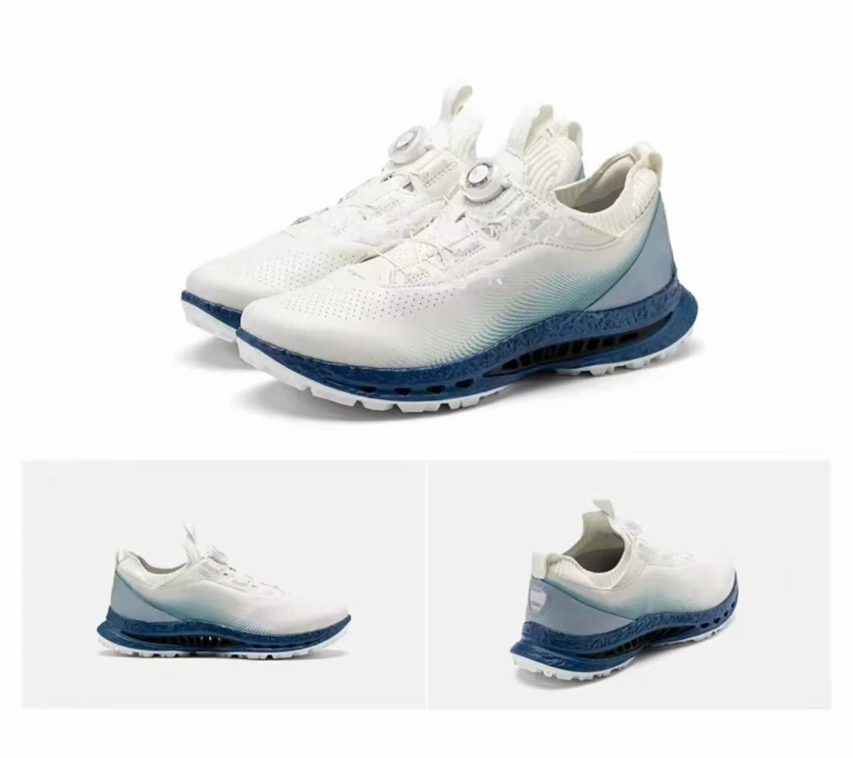 men’s 2026 cushioned golf shoes in White & Blue, pair and multi-angle views