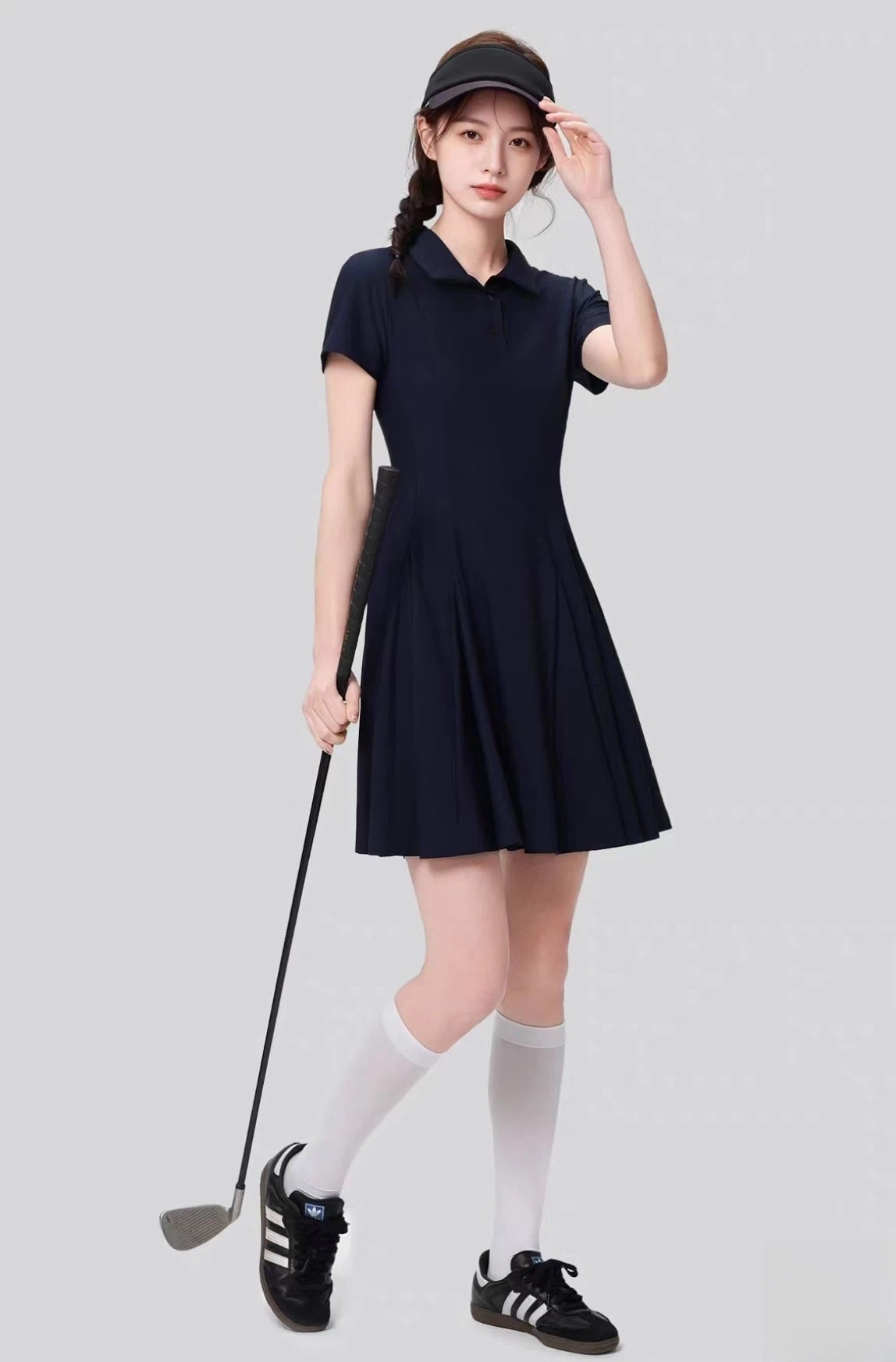 OZERO Navy quick-dry A-line golf dress front view on model