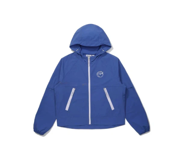 Malbon Women Golf Jacket Detachable Sleeve Hooded Windbreaker Blue front view