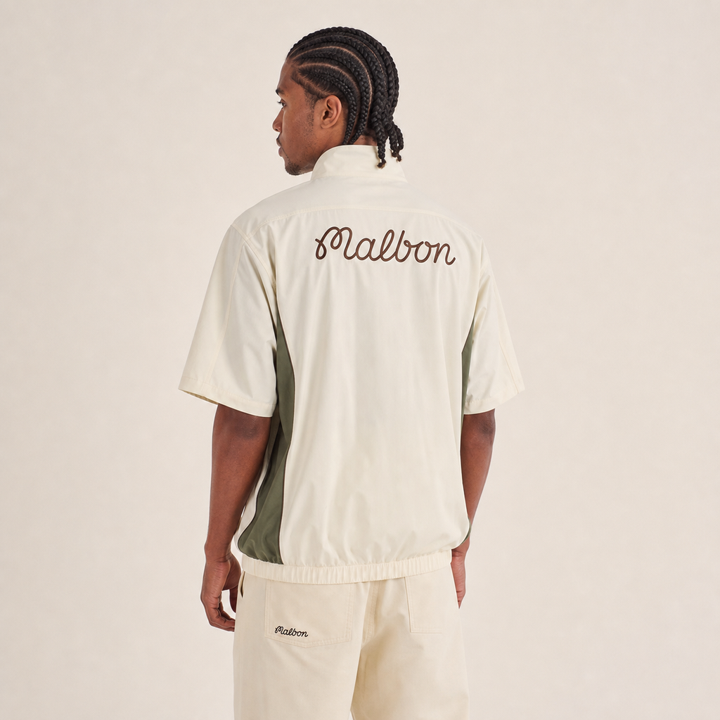 Malbon Links Oakwood Windshirt Beige detail and collar