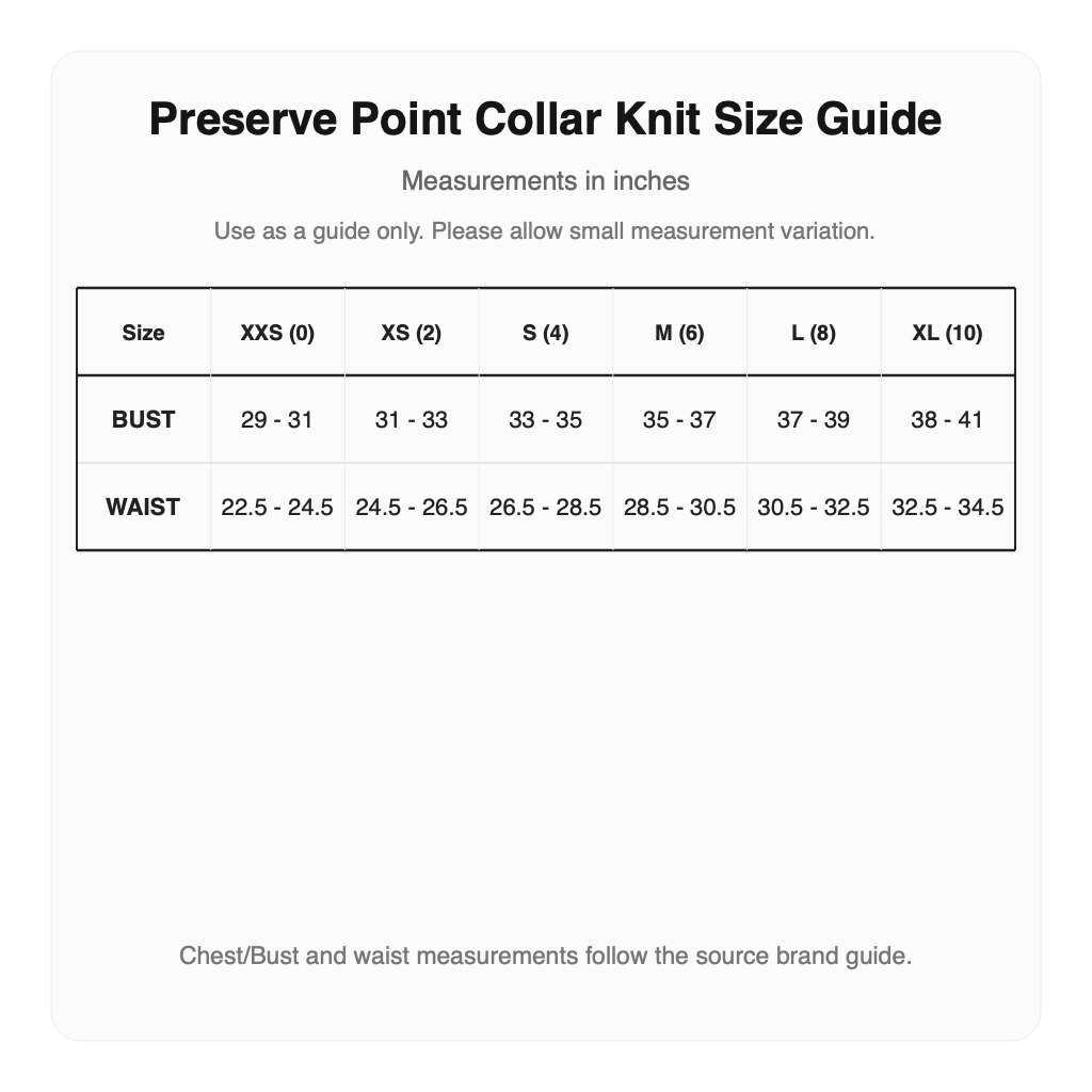 Malbon Preserve Point Collar Knit size guide
