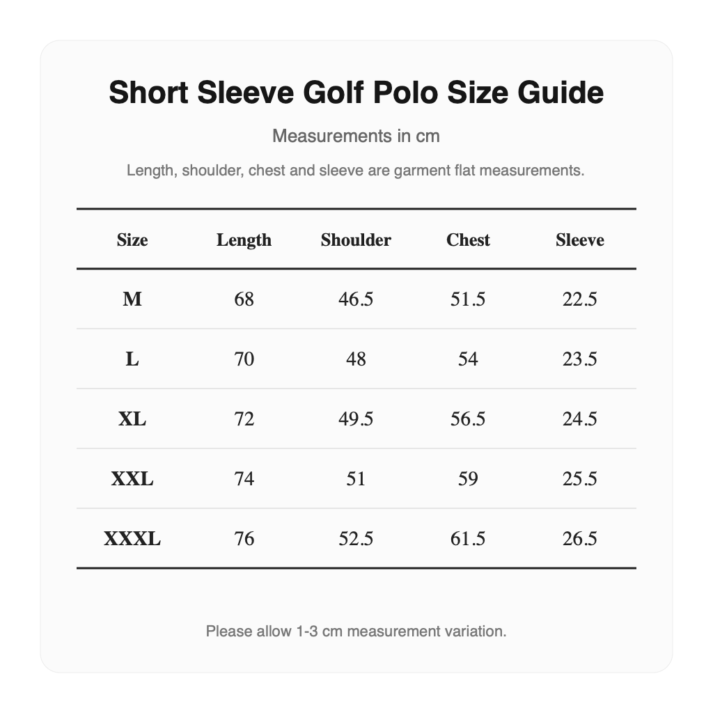 Malbon Short Sleeve Golf Polo English size guide